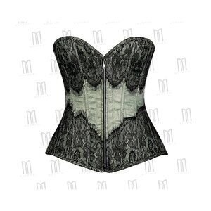 Pista and Black Overbust Corset with Eyelash Lace Overlay & Silver Zipper
